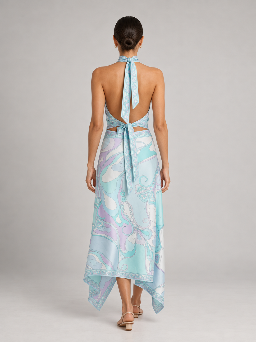 Vibrant Geometric Silk-Touch Two-Piece Halter Top &amp; Asymmetric Midi Skirt Set