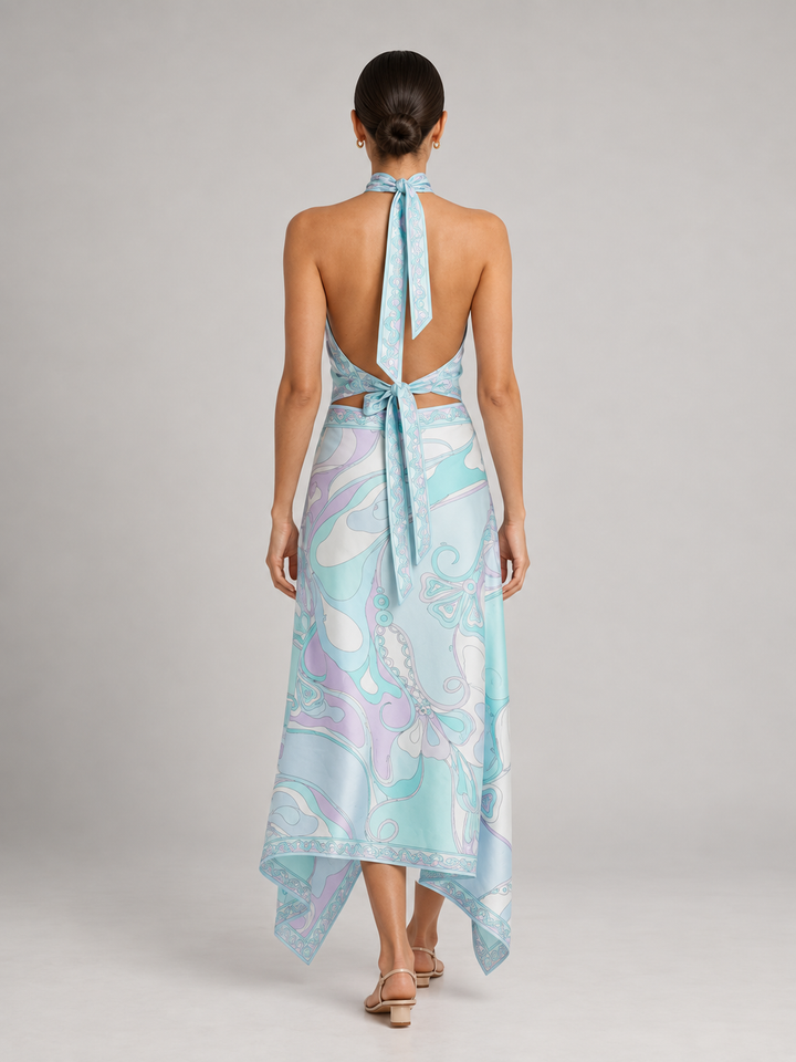 Vibrant Geometric Silk-Touch Two-Piece Halter Top &amp; Asymmetric Midi Skirt Set