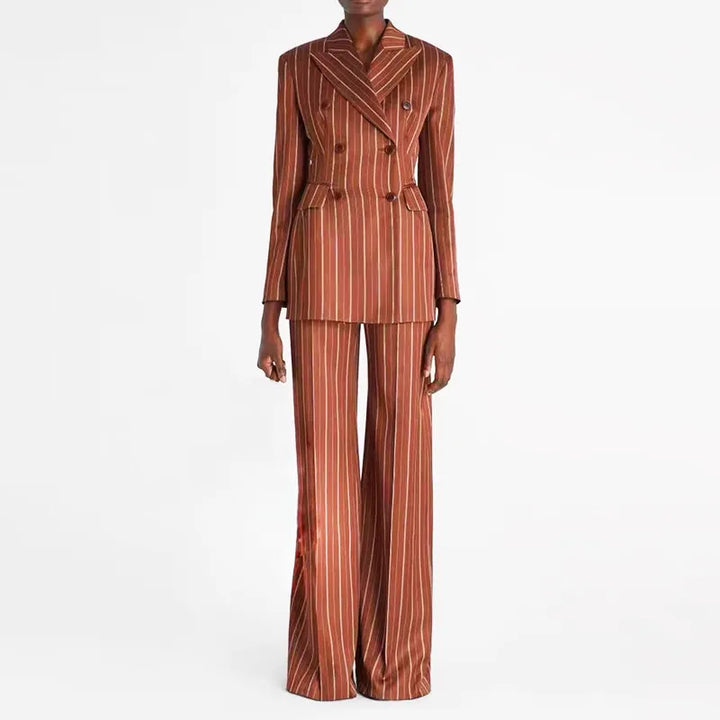 Erracotta White Vertical Stripe Double Breasted Blazer &amp; Wide Leg Floor Pants 2-Piece Suit Set