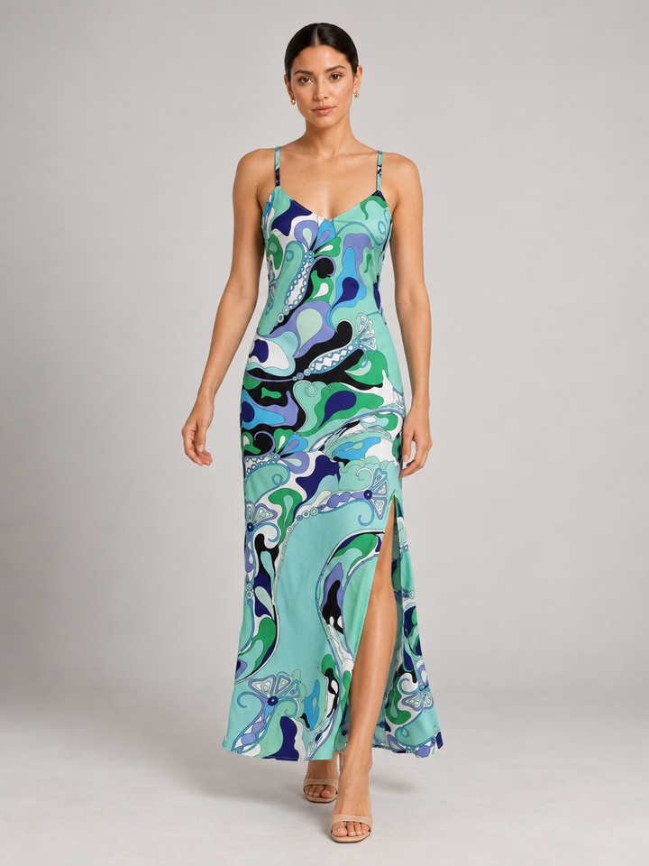 Retro Psychedelic Swirl Print Silk Slip Maxi Dress