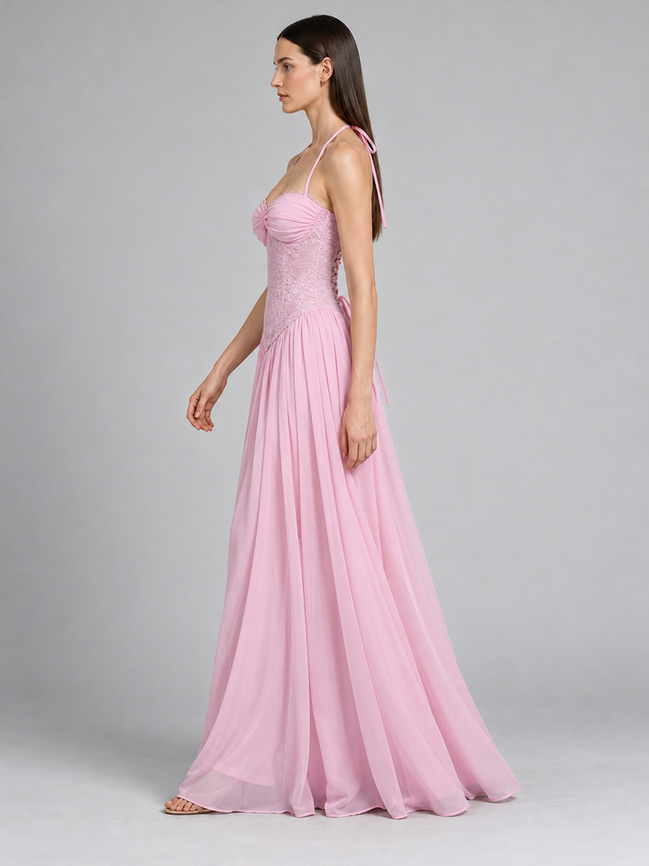 Halter Ruched Bust Lace Corset Drop-Waist Chiffon Gown