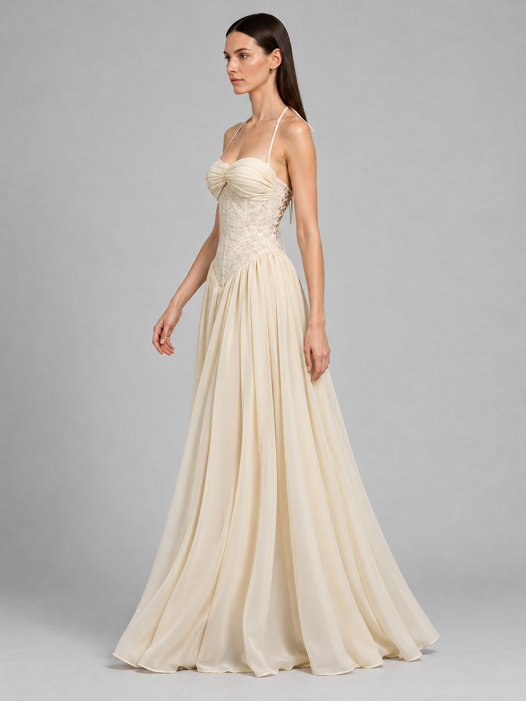 Halter Ruched Bust Lace Corset Drop-Waist Chiffon Gown