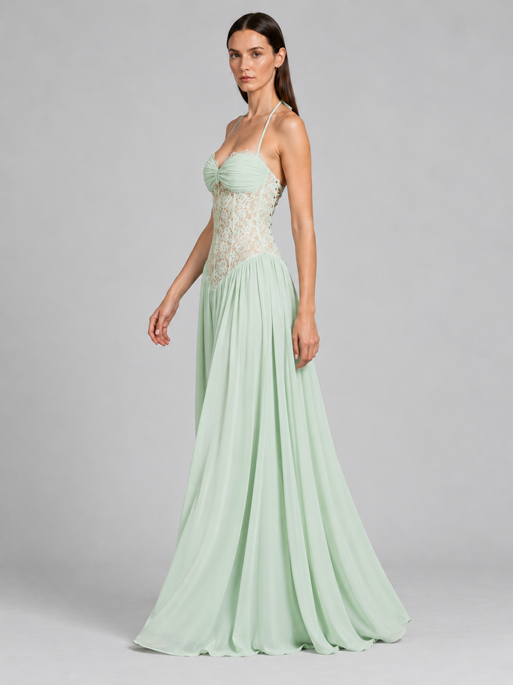 Halter Ruched Bust Lace Corset Drop-Waist Chiffon Gown