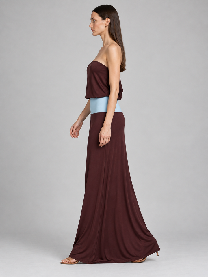 Color-Block Strapless Tube Maxi Dress with Contrast Waistband