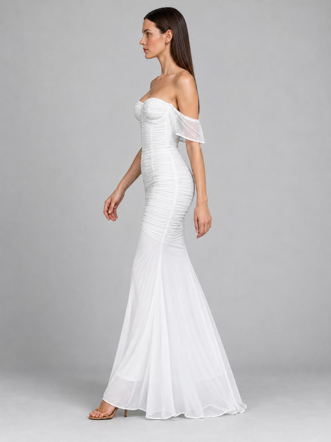 Ruched Mesh Bustier Maxi Gown with Cap Flutter Sleeves
