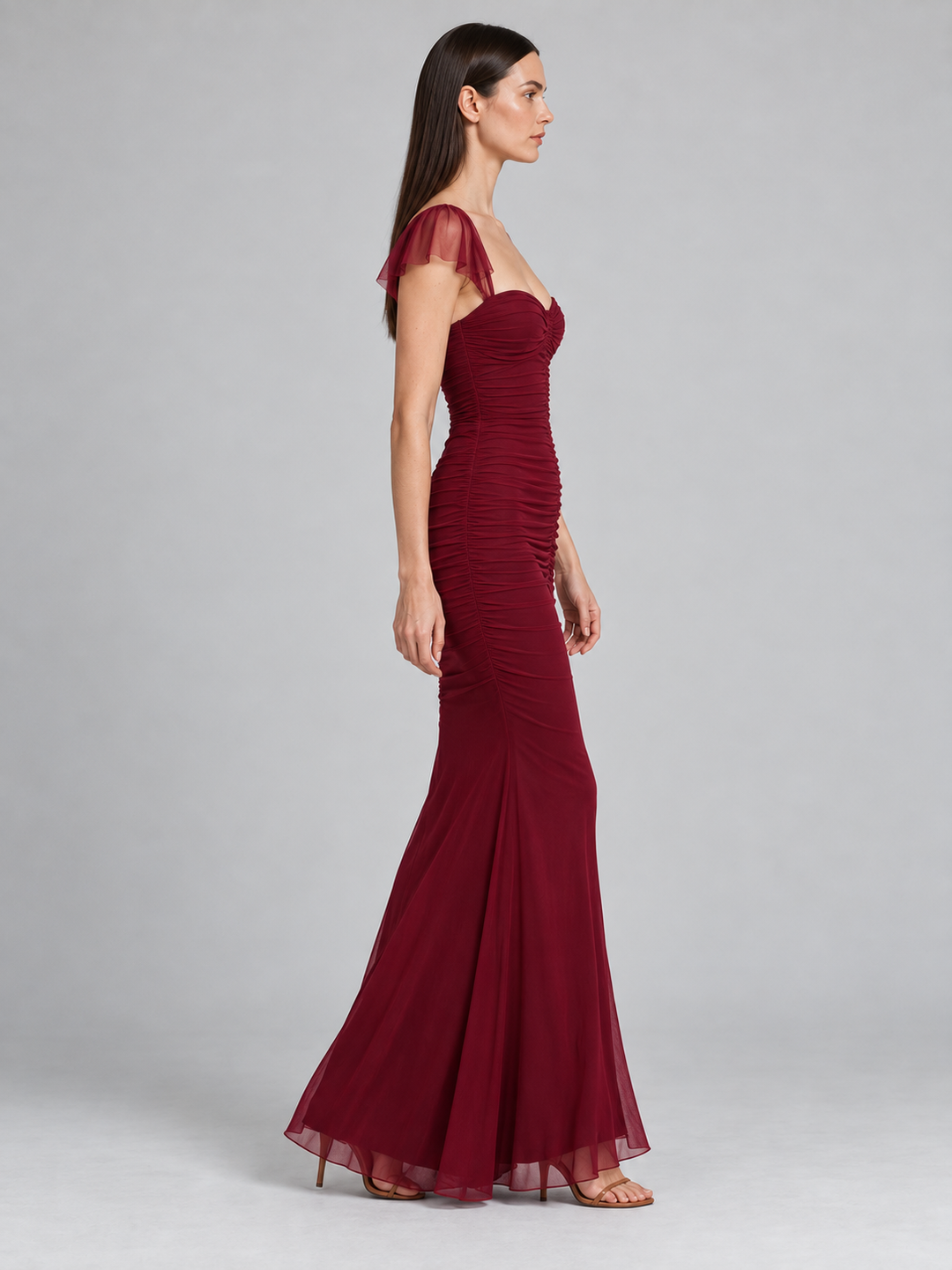 Ruched Mesh Bustier Maxi Gown with Cap Flutter Sleeves