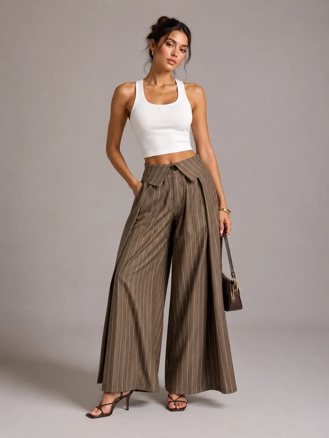 Lina Taupe Pinstripe Pleated Trousers