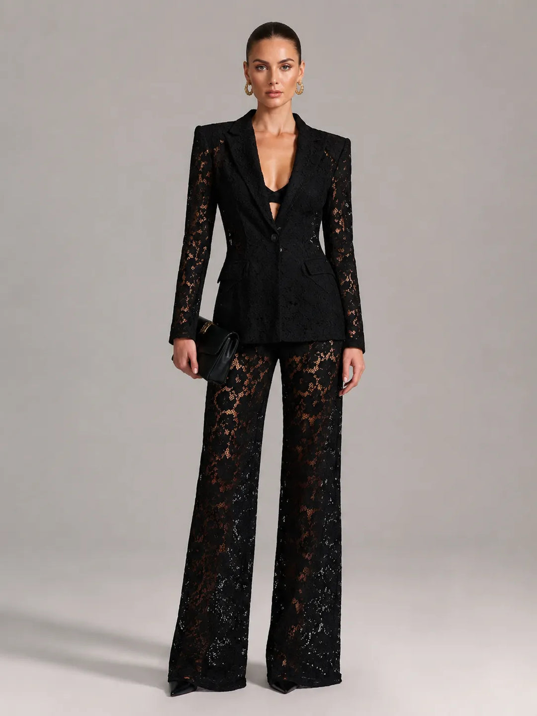 Floral Lace Single Button Blazer & High Waist Wide Leg Pants 2-Piece Suit Set