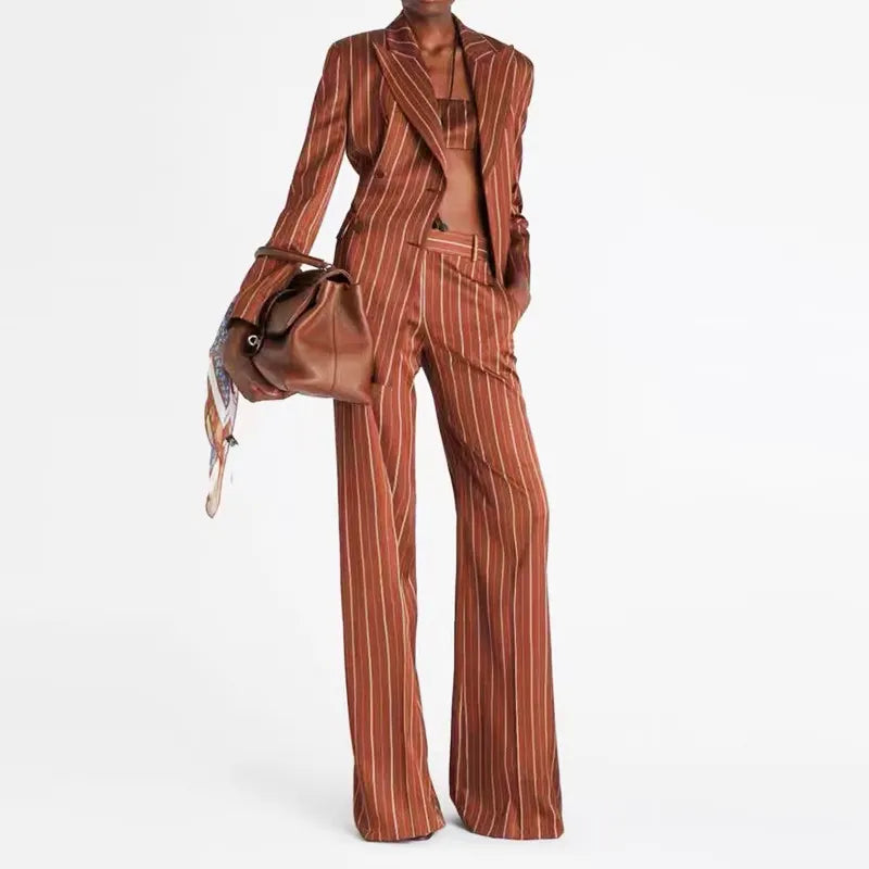 Erracotta White Vertical Stripe Double Breasted Blazer &amp; Wide Leg Floor Pants 2-Piece Suit Set