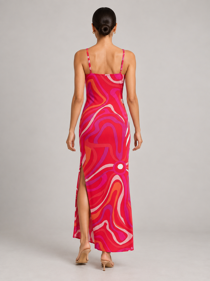 Retro Psychedelic Swirl Print Silk Slip Maxi Dress