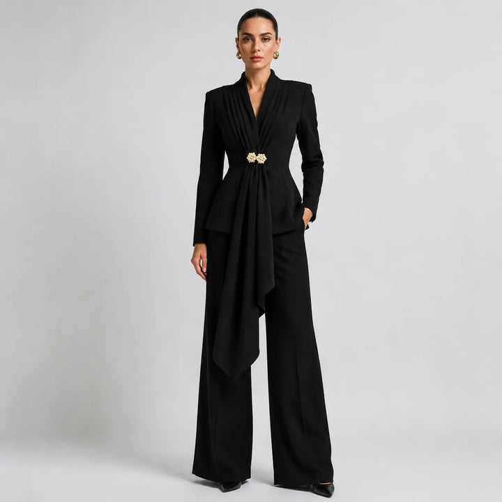 Stand Collar Pleated Front Pearl Buckle Draped Blazer &amp; Wide Leg Floor Pants 2-Piece Suit Set
