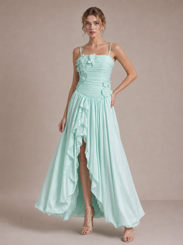 Fleur Floral-Appliqué Ruched Slit Maxi Dress