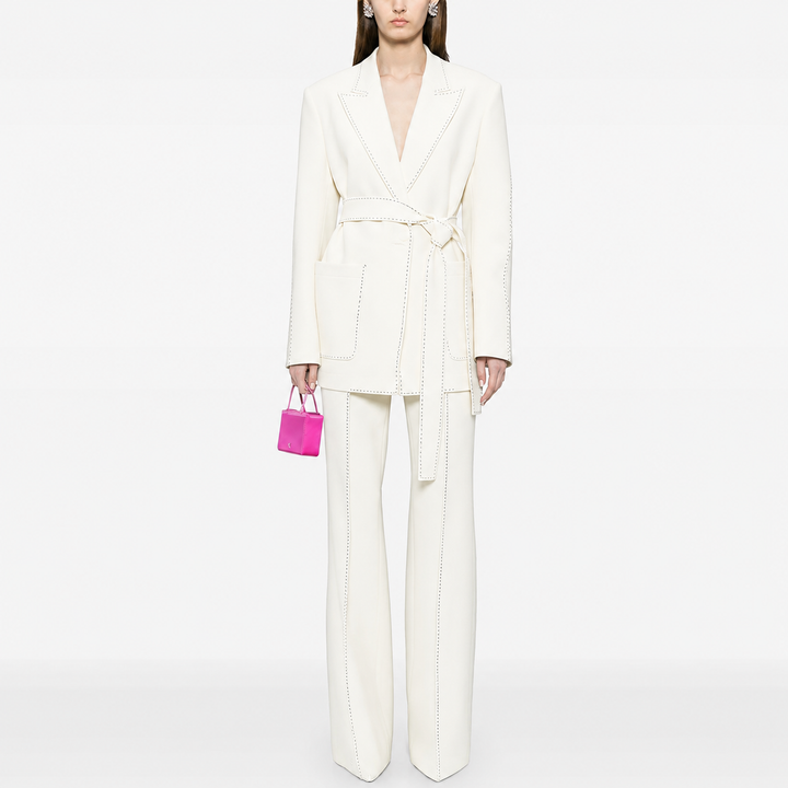 Greta Contrast-Stitch Belted Suit Set