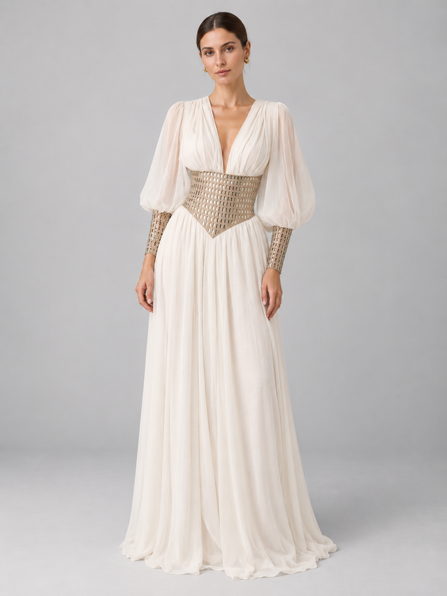 Deep V Long Sleeve Diamond Waist Maxi Dress