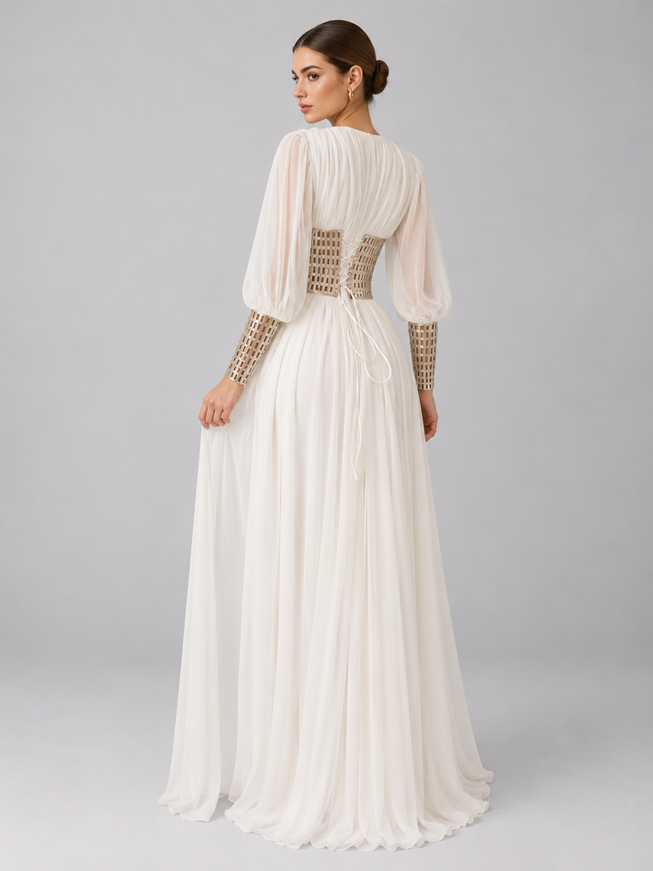 Deep V Long Sleeve Diamond Waist Maxi Dress