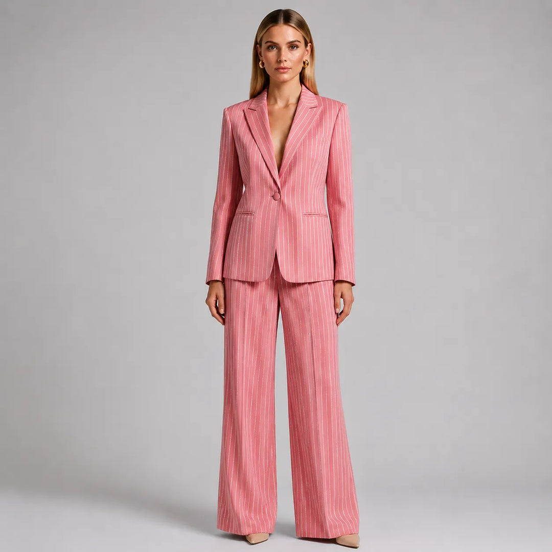 Glitter Vertical Stripe Single Button Blazer & Straight Suit Pants 2-Piece Set