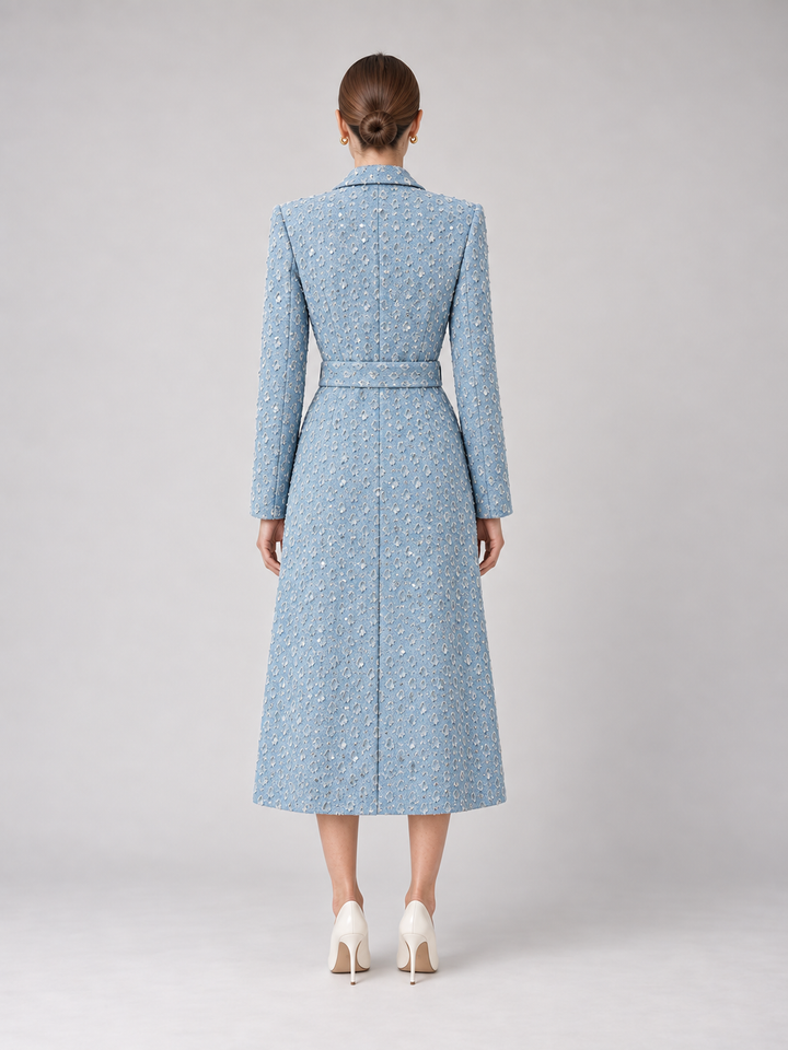 Powder Blue Textured Belted Midi Coat - 3