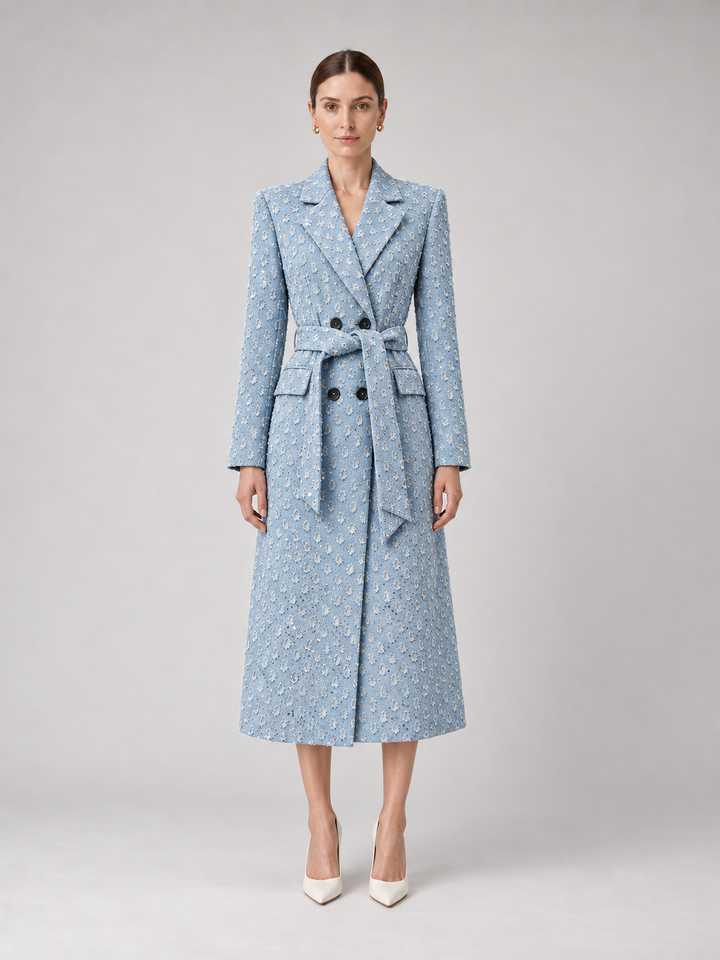 Powder Blue Textured Belted Midi Coat - 1