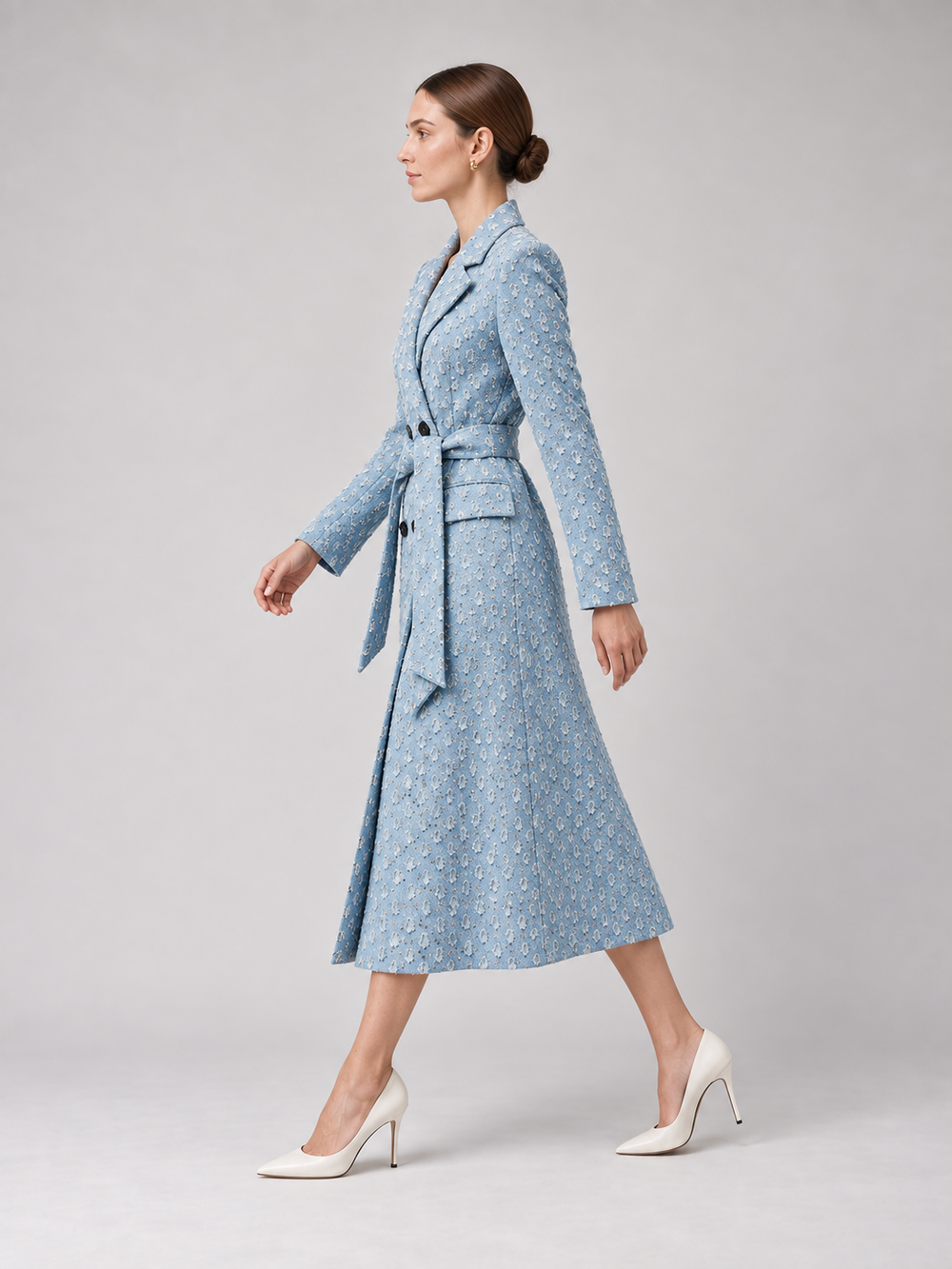 Powder Blue Textured Belted Midi Coat - 2