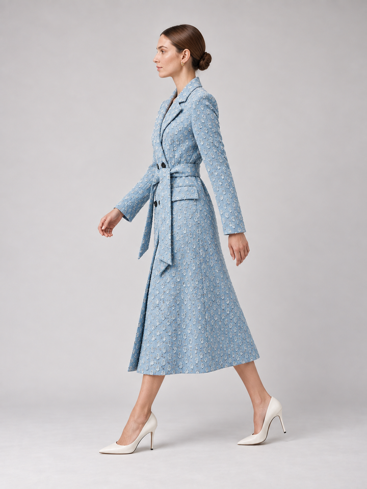 Powder Blue Textured Belted Midi Coat - 2