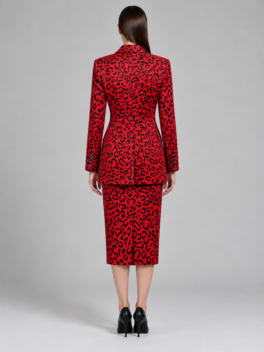 Red Leopard Print Tailored Midi Dress - 3