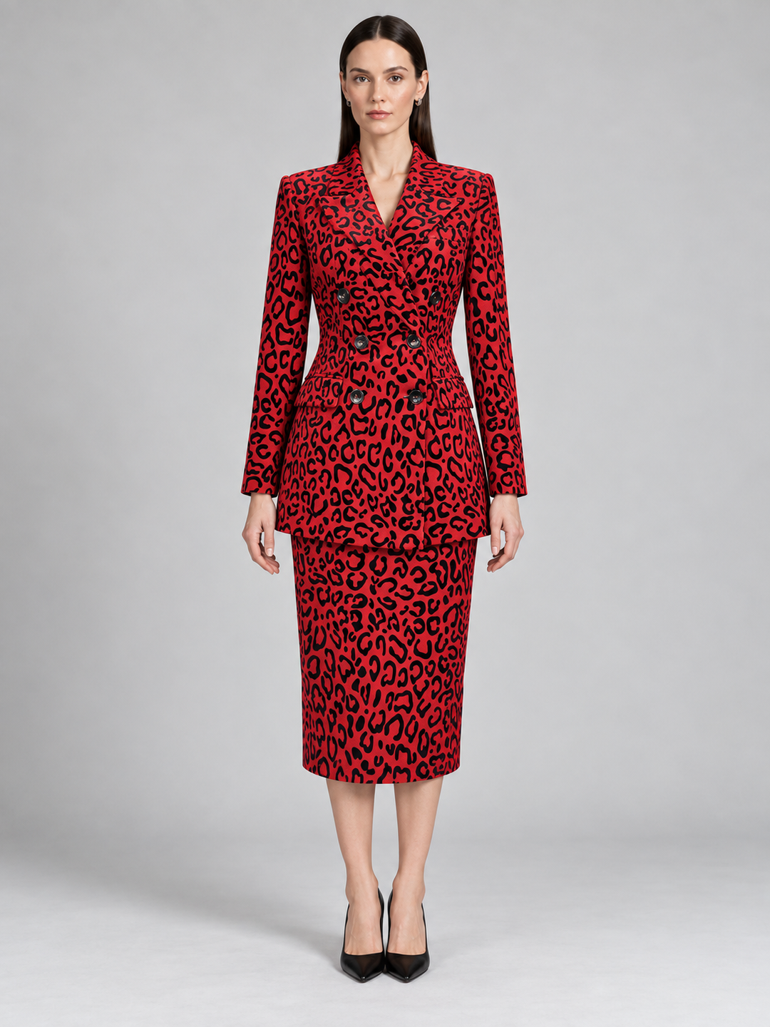 Red Leopard Print Tailored Midi Dress - 1