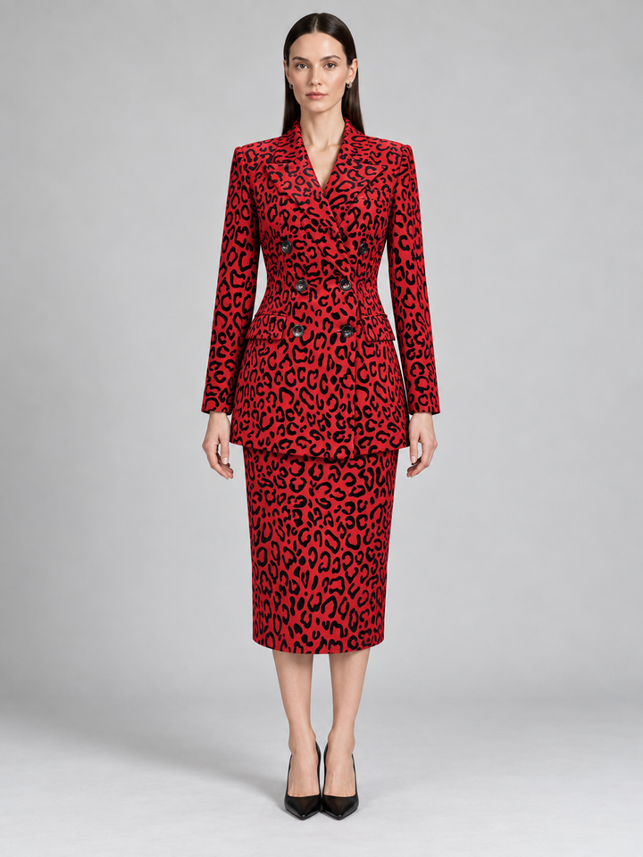 Red Leopard Print Tailored Midi Dress - 1