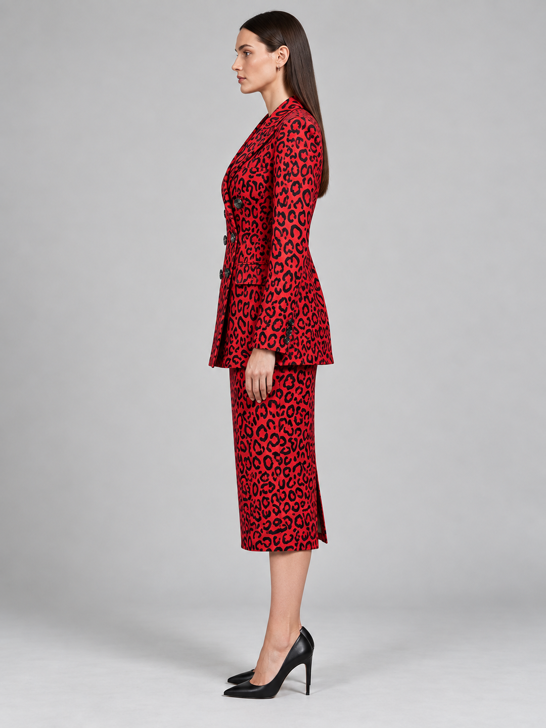 Red Leopard Print Tailored Midi Dress - 2