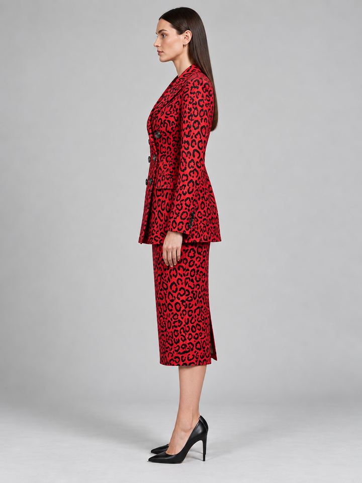 Red Leopard Print Tailored Midi Dress - 2