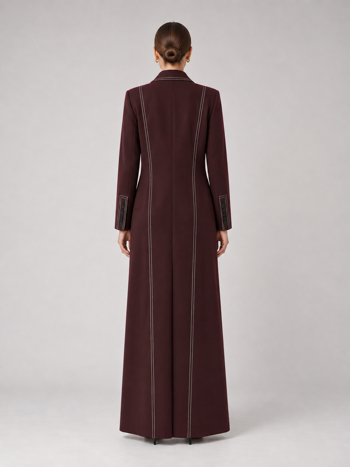Burgundy Topstitched Long Coat - 3