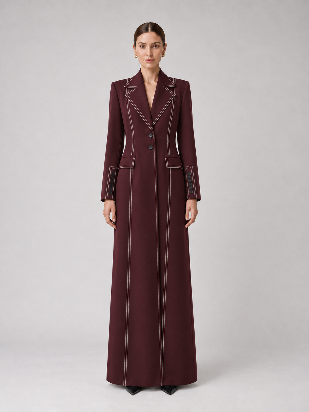 Burgundy Topstitched Long Coat - 1