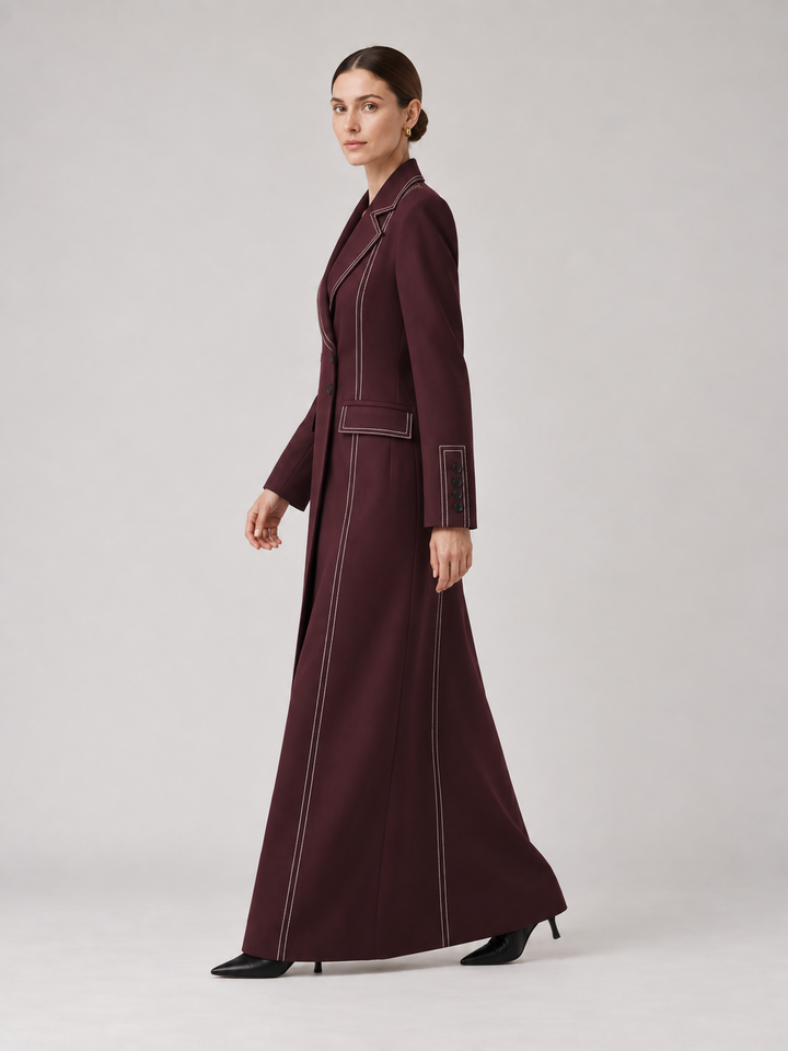 Burgundy Topstitched Long Coat - 2