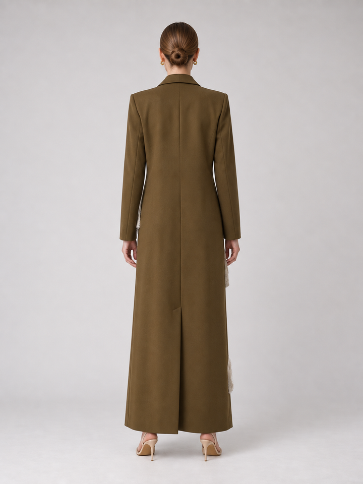 Olive Ivory Fringe Panel Maxi Coat - 3