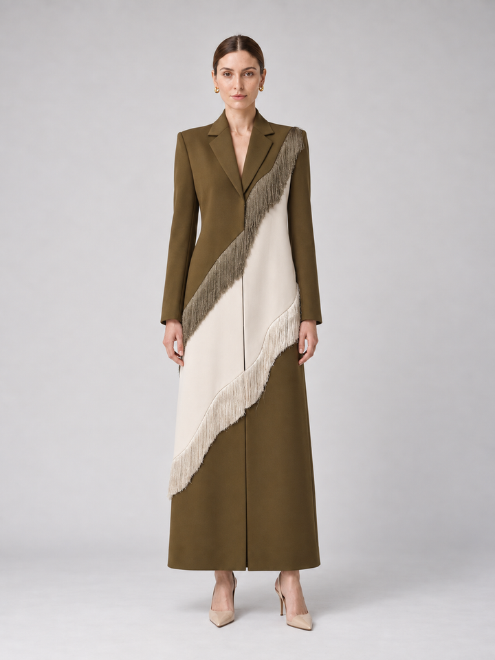 Olive Ivory Fringe Panel Maxi Coat - 1