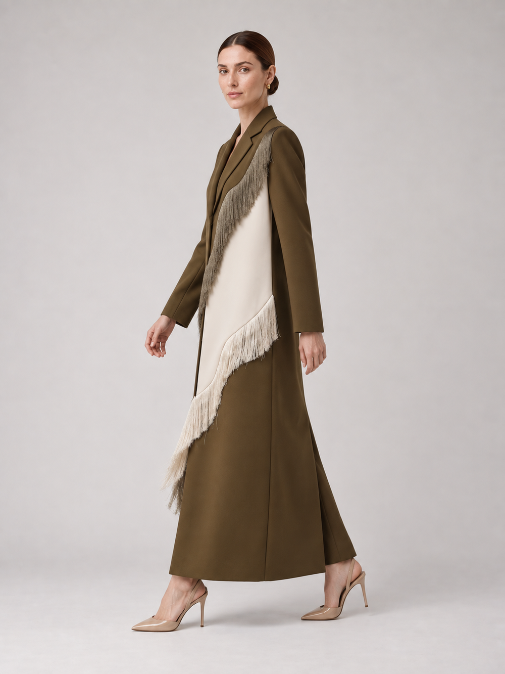 Olive Ivory Fringe Panel Maxi Coat - 2