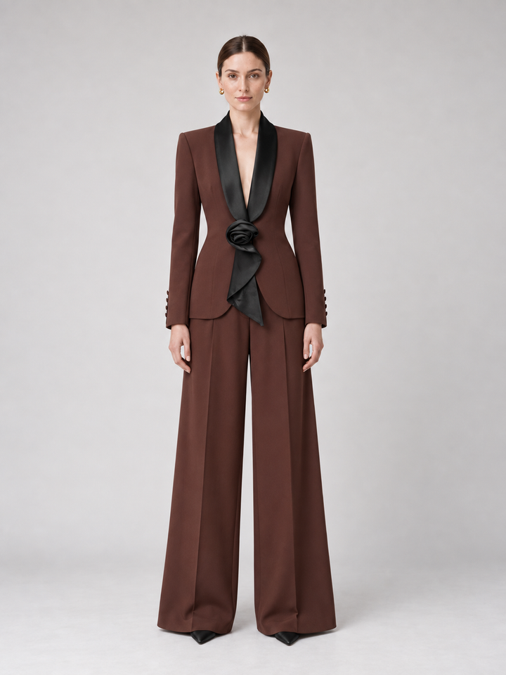 Two-Tone Lapel Wide-Leg Pantsuit - 1