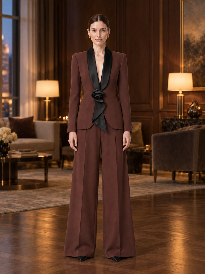 Two-Tone Lapel Wide-Leg Pantsuit - 2