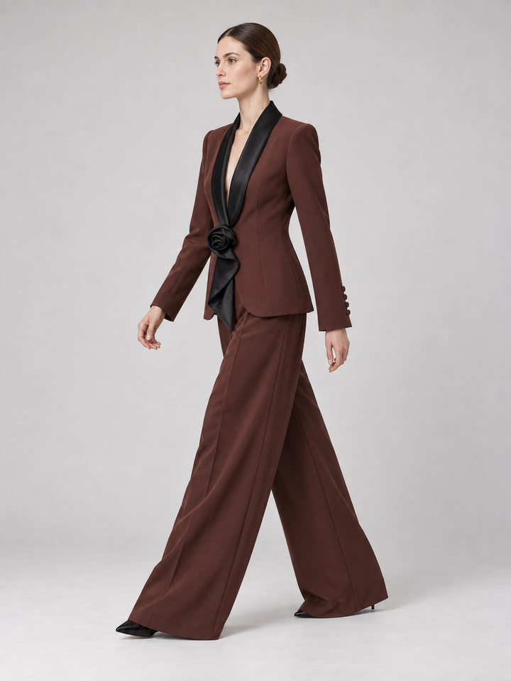 Two-Tone Lapel Wide-Leg Pantsuit - 3