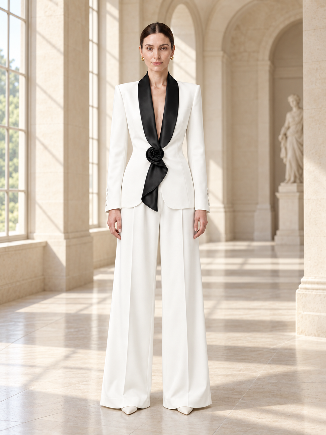 Two-Tone Lapel Wide-Leg Pantsuit - 6