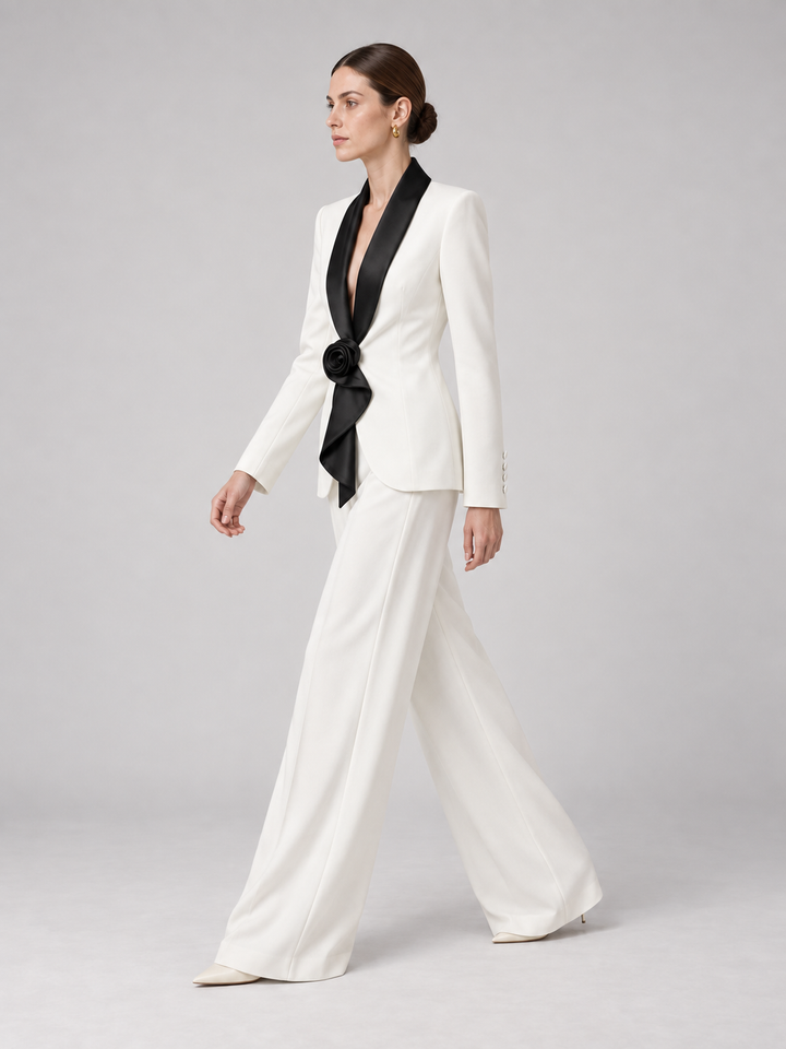Two-Tone Lapel Wide-Leg Pantsuit - 7