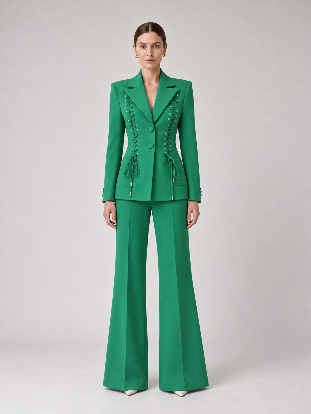 Emerald Green Lace Panel Wide-Leg Suit - 1