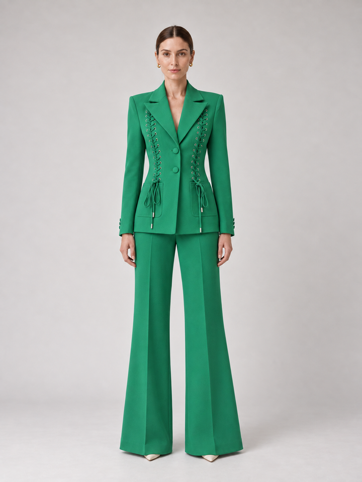Emerald Green Lace Panel Wide-Leg Suit - 1