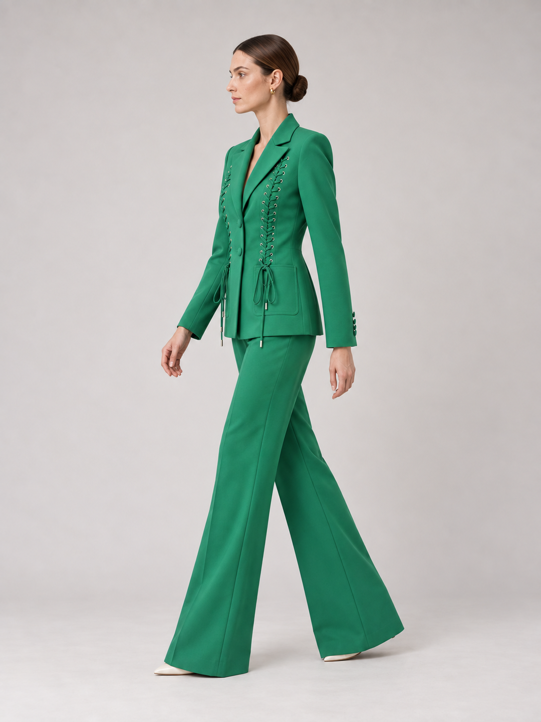 Emerald Green Lace Panel Wide-Leg Suit - 2
