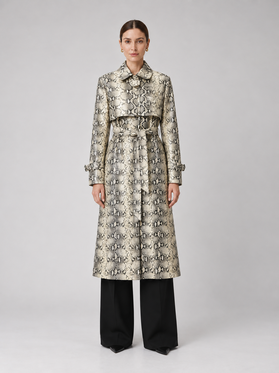 Python Print Belted Trench Coat - 1