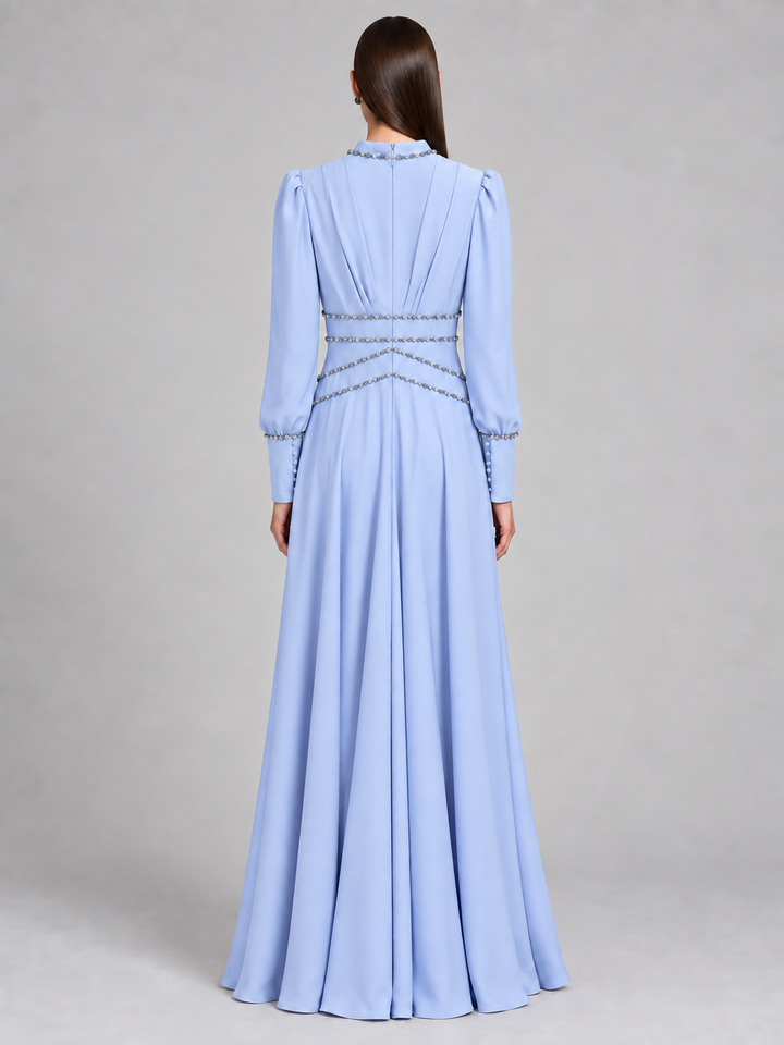 Powder Blue Pleated Long Sleeve Maxi Dress - 3
