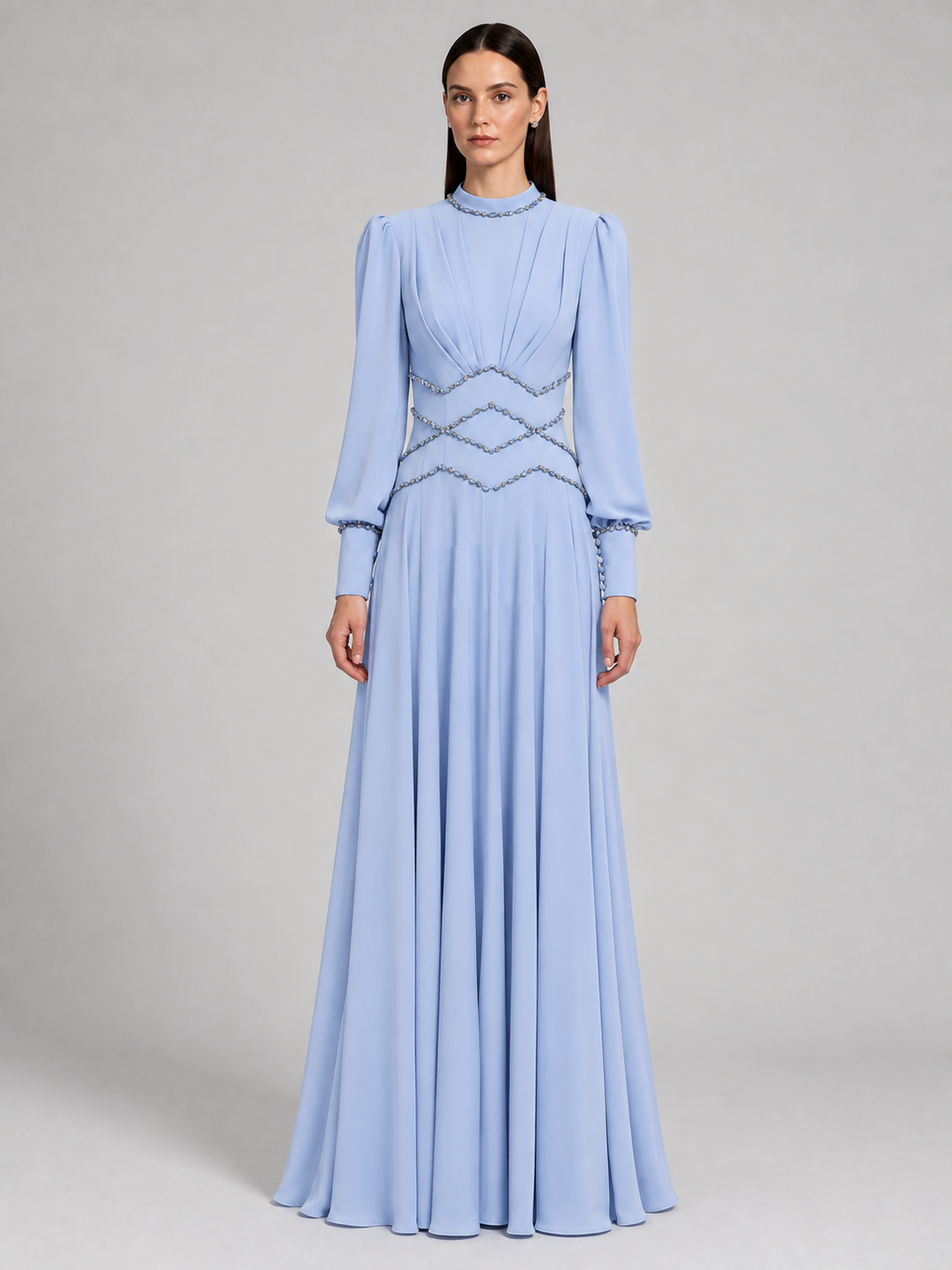 Powder Blue Pleated Long Sleeve Maxi Dress - 1