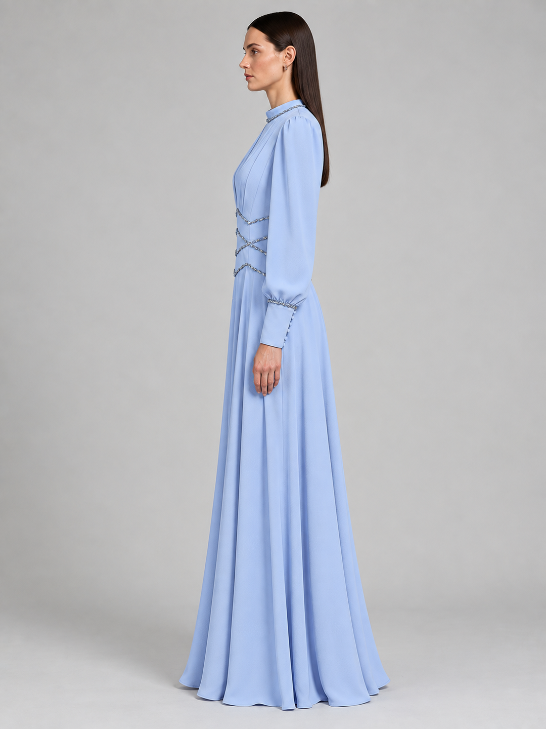 Powder Blue Pleated Long Sleeve Maxi Dress - 2