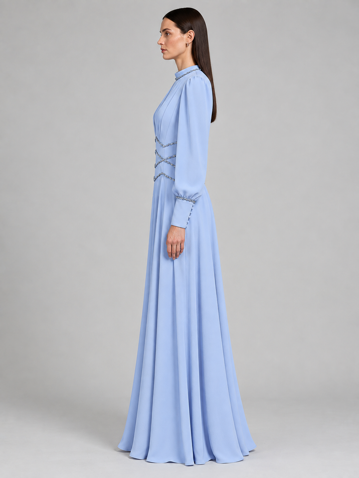 Powder Blue Pleated Long Sleeve Maxi Dress - 2