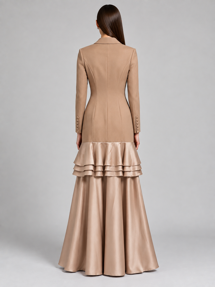 Champagne Satin Ruffle Blazer Gown - 3