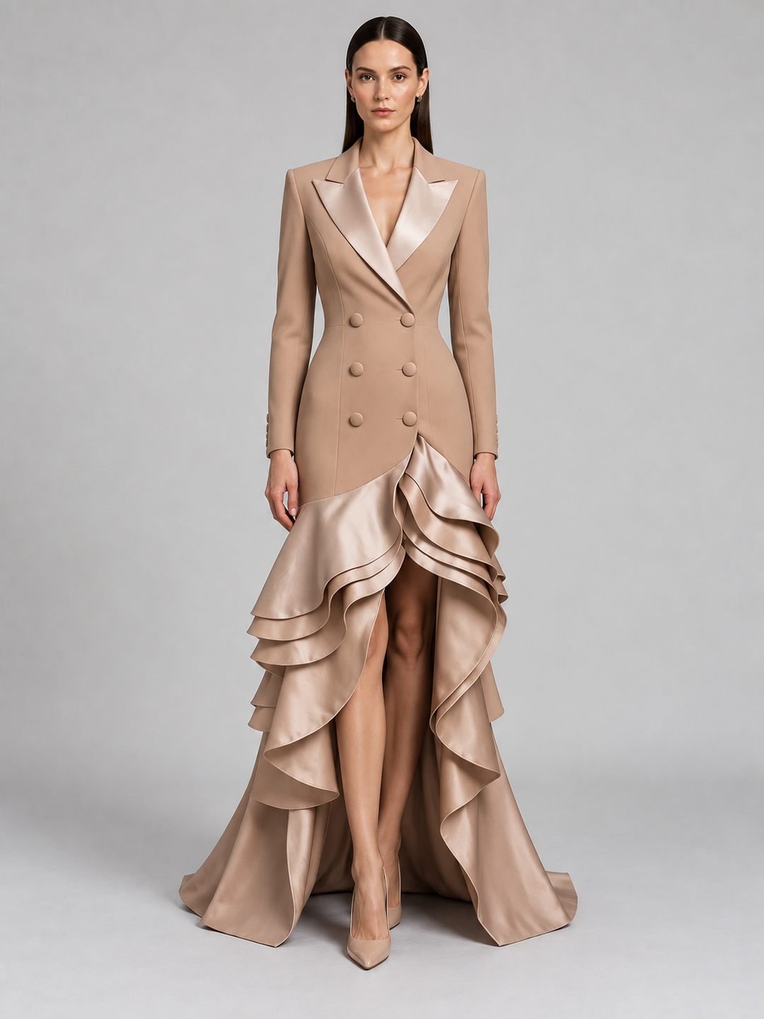 Champagne Satin Ruffle Blazer Gown - 1